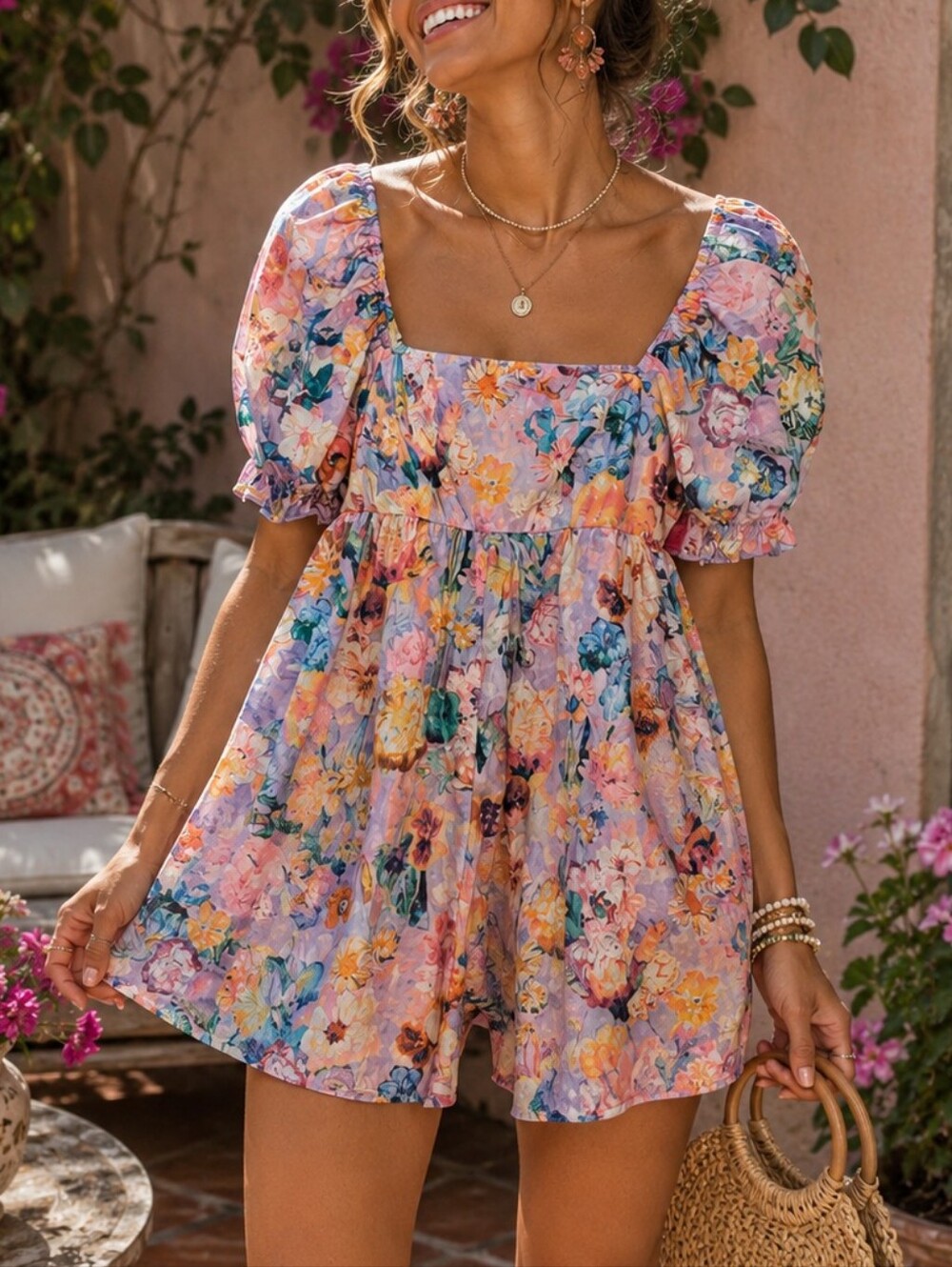 Floral Smocked Puff Sleeve Romper | Cottagecore Boho Summer Romper